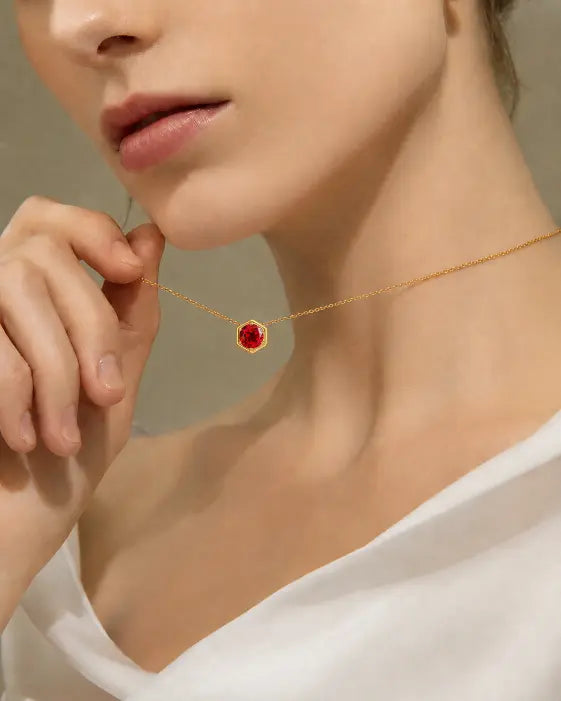 July Ruby Hexagon Necklace – Cancer Birthstone Jewelry by ZodiGlow, ruby gold silver necklace, detail view