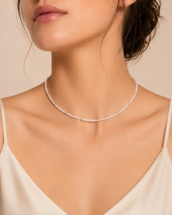 June Moonstone Beaded Choker Necklace by ZodiGlow, moonstone gold delicate necklace, detail view