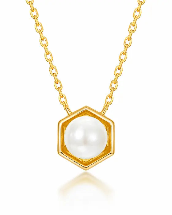 June Pearl Hexagon Necklace – Gemini Birthstone Jewelry by ZodiGlow, pearl gold silver necklace, main product view