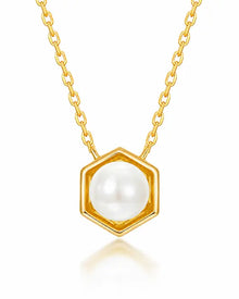 June Pearl Hexagon Necklace – Gemini Birthstone Jewelry by ZodiGlow, pearl gold silver necklace, main product view