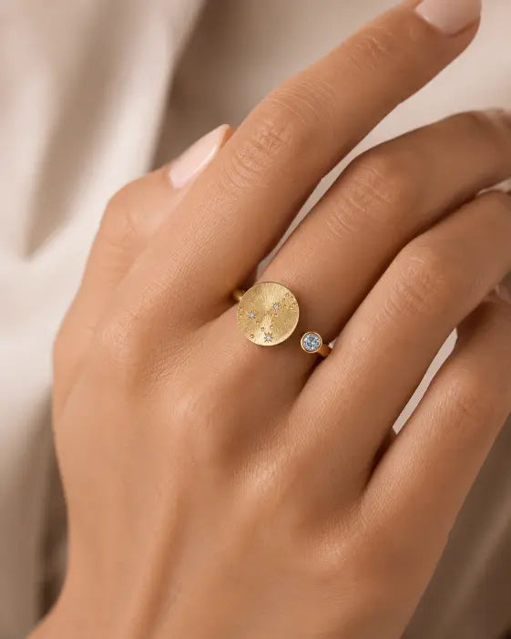 March Aquamarine Adjustable Birthstone Ring by ZodiGlow, aquamarine blue gold ring, detail view