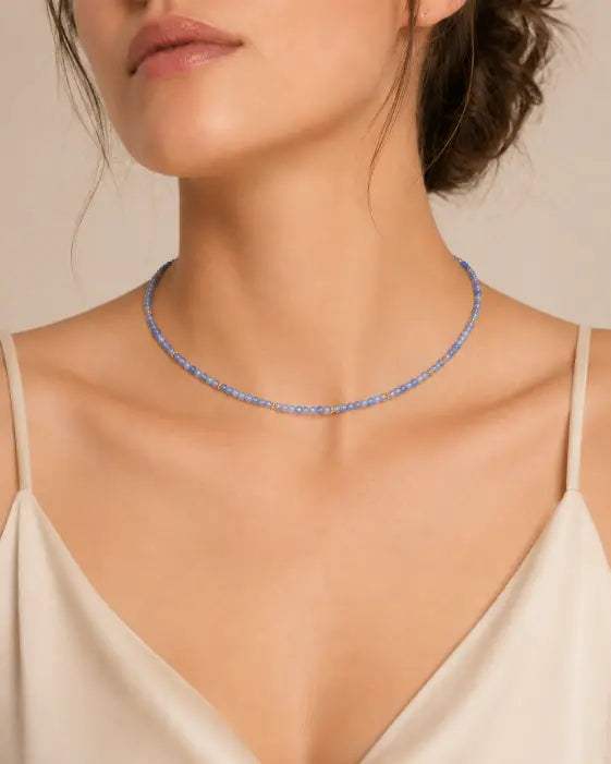 March Aquamarine Beaded Choker Necklace by ZodiGlow, aquamarine blue gold necklace, detail view