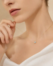 March Aquamarine Hexagon Necklace – Pisces Birthstone Jewelry by ZodiGlow, aquamarine blue gold necklace, detail view