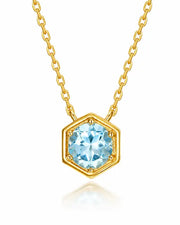 March Aquamarine Hexagon Necklace – Pisces Birthstone Jewelry by ZodiGlow, aquamarine blue gold necklace, main product view