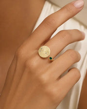 May Emerald Adjustable Birthstone Ring by ZodiGlow, emerald green gold ring, detail view