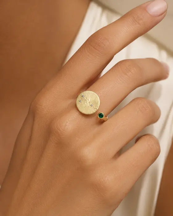 May Emerald Adjustable Birthstone Ring by ZodiGlow, emerald green gold ring, detail view