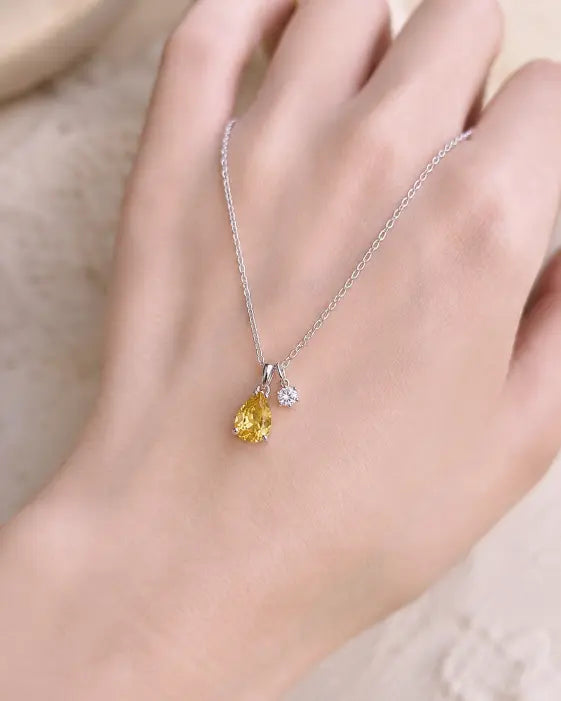 November Citrine Birthstone Teardrop Necklace by ZodiGlow, citrine birthstone delicate necklace, angle view