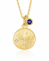 September Sapphire Birthstone & Virgo Zodiac Necklace by ZodiGlow, sapphire blue gold necklace, main product view