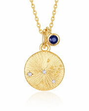 September Sapphire Birthstone & Virgo Zodiac Necklace by ZodiGlow, sapphire blue gold necklace, main product view