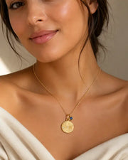 September Sapphire Birthstone & Virgo Zodiac Necklace by ZodiGlow, sapphire blue gold necklace, detail view