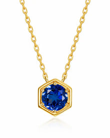 September Sapphire Hexagon Necklace – Virgo Birthstone Jewelry by ZodiGlow, sapphire blue gold necklace, main product view