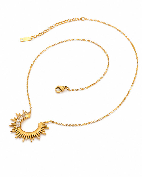 Front view of Astra Crescent Sun Necklace by Zodiglow