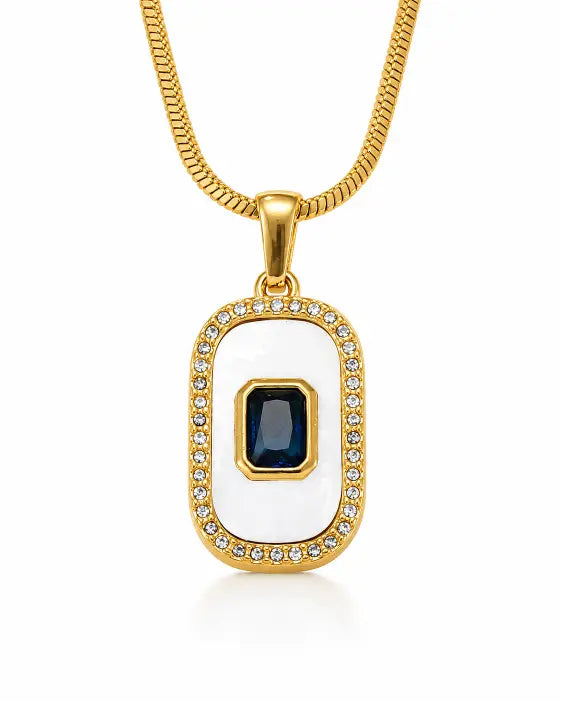 Close-up view of Aurelia Baguette Pavé Pendant Necklace by Zodiglow