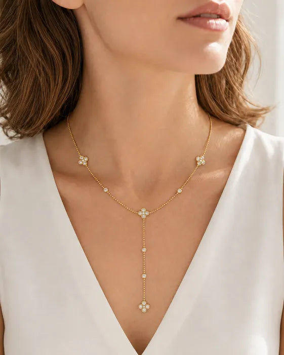 Alternate view of Aurelia Clover Crystal Drop Y Necklace by Zodiglow