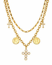 Front view of Aurelia Coin & Cross Charm Necklace by Zodiglow