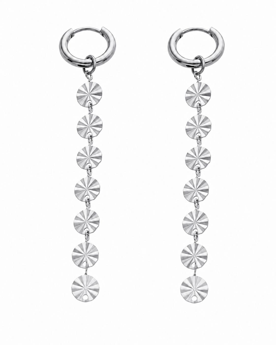 Detail view of Aurelia Disc Drop Hoop Earrings by Zodiglow