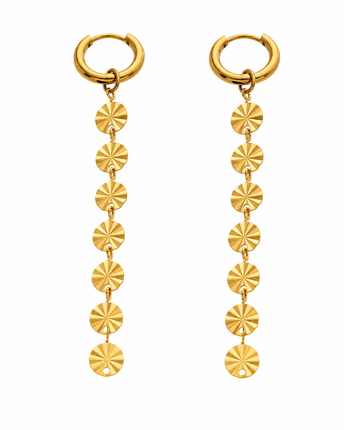 Front view of Aurelia Disc Drop Hoop Earrings by Zodiglow