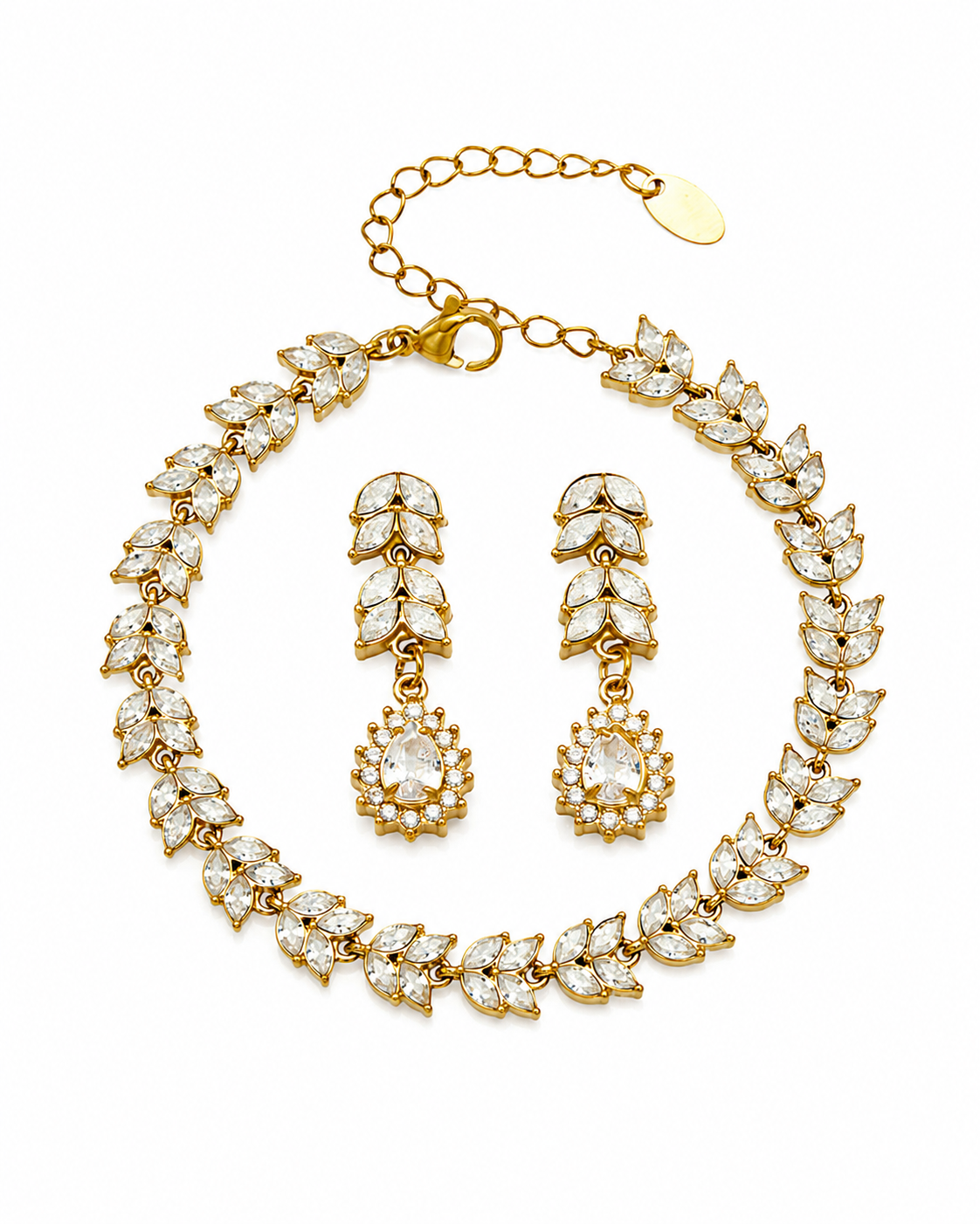 Side view of Aurelia Leaf Zircon Bracelet & Earrings by Zodiglow