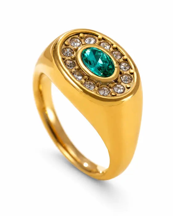 Close-up view of Aurelia Oval Halo Zircon Signet Ring by Zodiglow