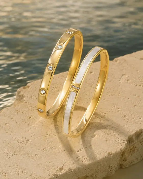 Detail view of Aurelia Shell & Pavé Gold Bangle by Zodiglow