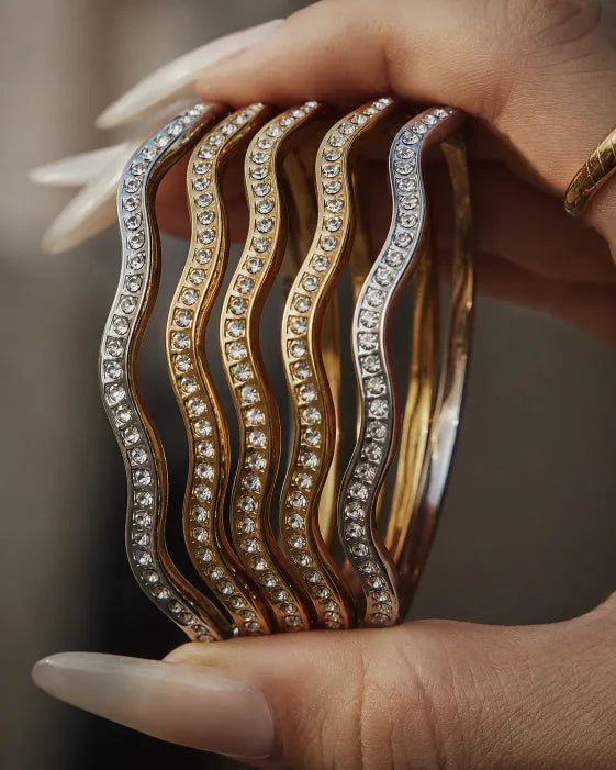 Side view of Aureline Sculpted Zircon Bangle Collection by Zodiglow