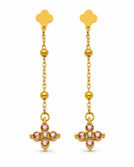 Close-up view of Aveline Zircon Clover Drop Earrings by Zodiglow