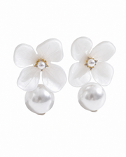 Side view of Camille Enamel Flower Pearl Earrings by Zodiglow