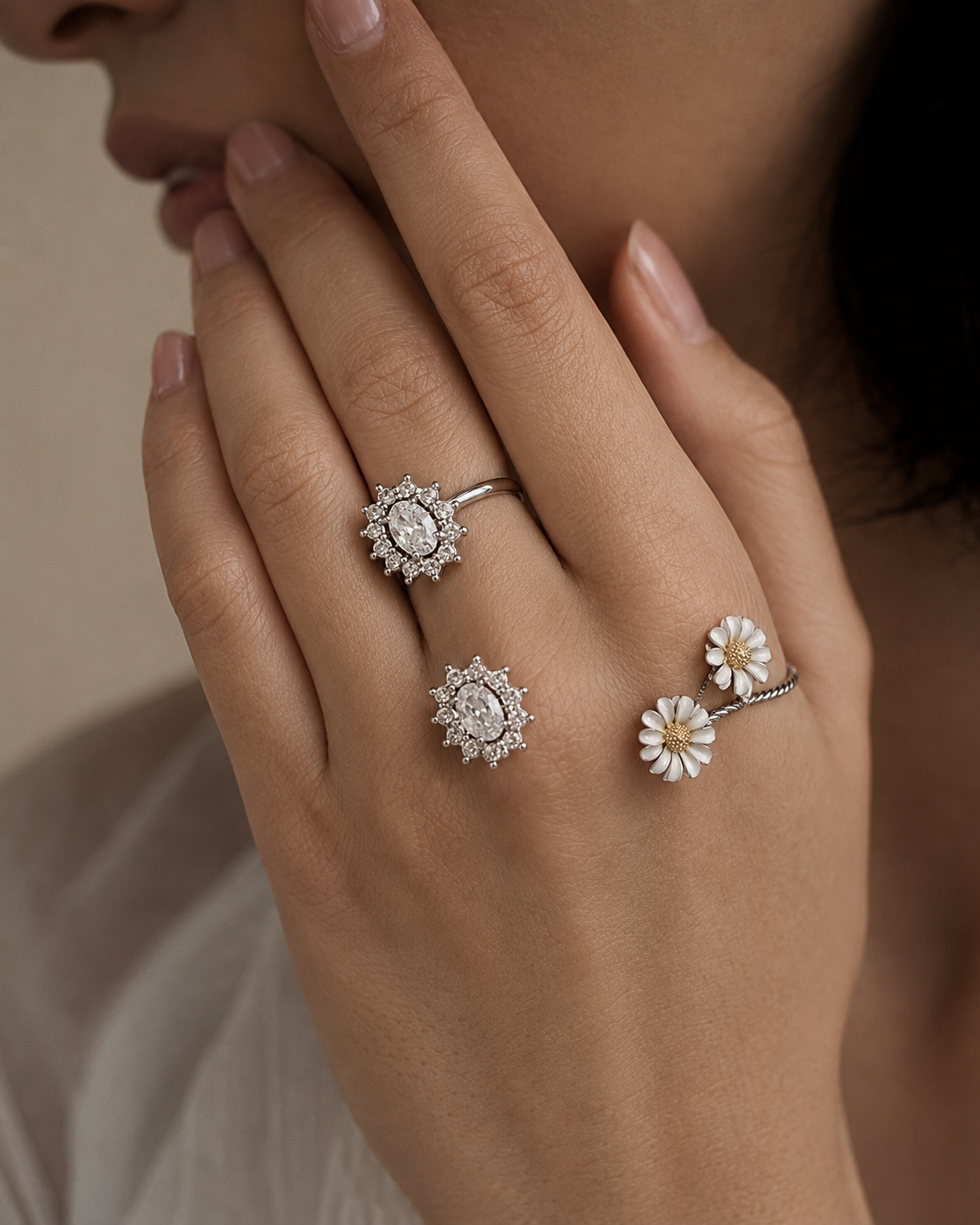 Detail view of Celeste Floral Open Ring Collection by Zodiglow