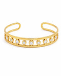 Front view of Celeste Orbit Gold Cuff Bracelet by Zodiglow
