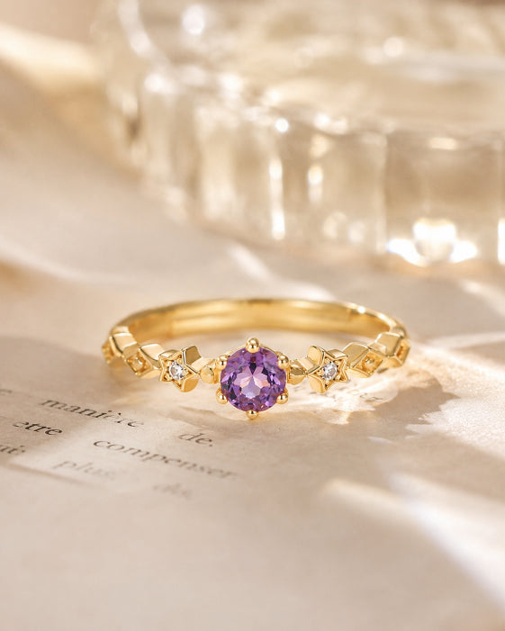 Detail view of Celestia Amethyst Star Open Ring by Zodiglow