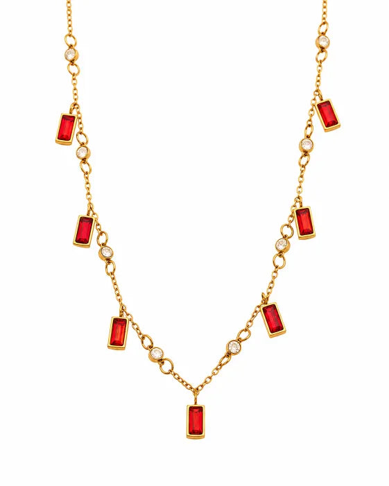 Close-up view of Celestia Baguette Crystal Charm Necklace by Zodiglow