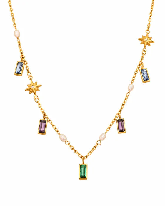 Detail view of Celestia Baguette Crystal Charm Necklace by Zodiglow