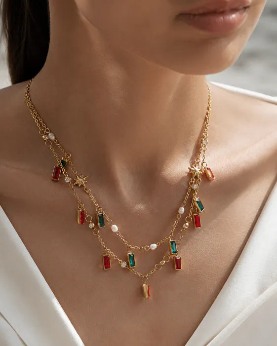 Styled view of Celestia Baguette Crystal Charm Necklace by Zodiglow