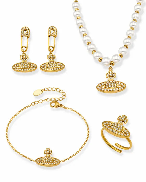 Front view of Celestia Full-Pavé Zircon Planet Jewelry Collection by Zodiglow