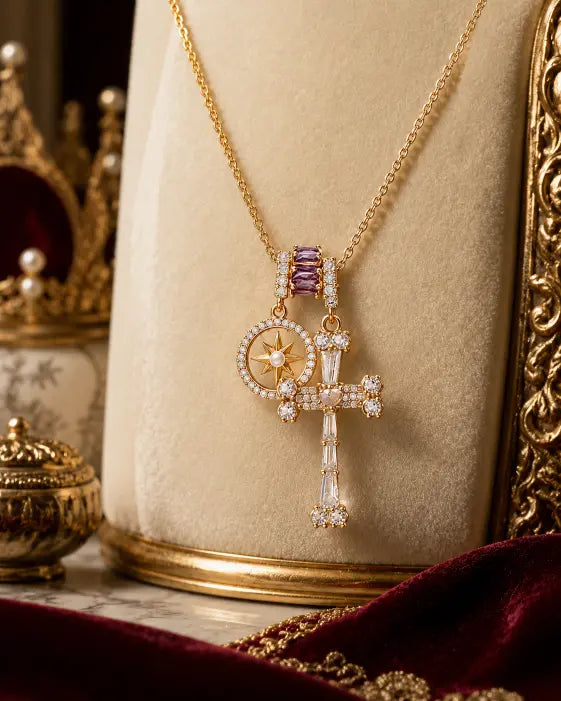 Detail view of Celestia Mother of Pearl Cross Necklace by Zodiglow