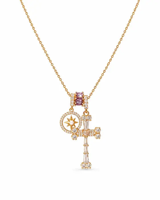 Front view of Celestia Mother of Pearl Cross Necklace by Zodiglow