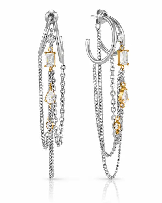 Front view of Celestia Orbit Chain Drop Earrings by Zodiglow