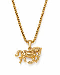 Front view of Chevalier Gold Horse Pendant Necklace by Zodiglow