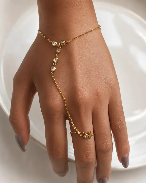 Close-up view of Soléa Hand Chain Bracelet Collection – 7 Designs by Zodiglow