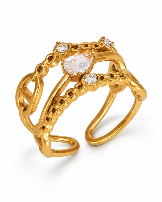 Close-up view of Élan Crystal & Pearl Sculptural Ring Collection by Zodiglow