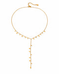 Front view of Elara Gold Fringe Lariat Necklace by Zodiglow