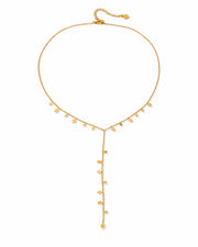 Front view of Elara Gold Fringe Lariat Necklace by Zodiglow