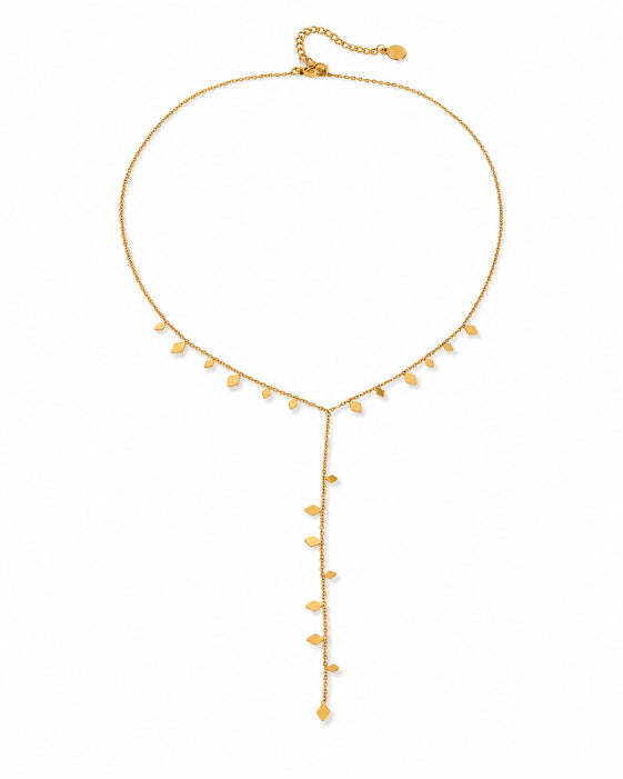 Front view of Elara Gold Fringe Lariat Necklace by Zodiglow