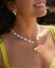 Detail view of Elara Pearl Crystal Drop Earrings by Zodiglow