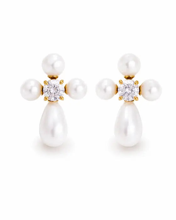 Front view of Elara Pearl Crystal Drop Earrings by Zodiglow