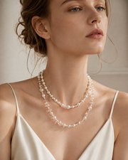 Close-up view of Lumière Faux Pearl & Clear Bead Necklace by Zodiglow