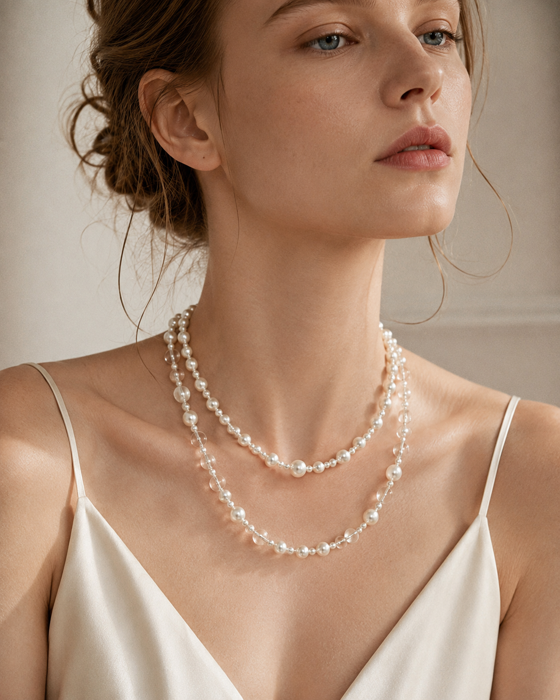 Close-up view of Lumière Faux Pearl & Clear Bead Necklace by Zodiglow