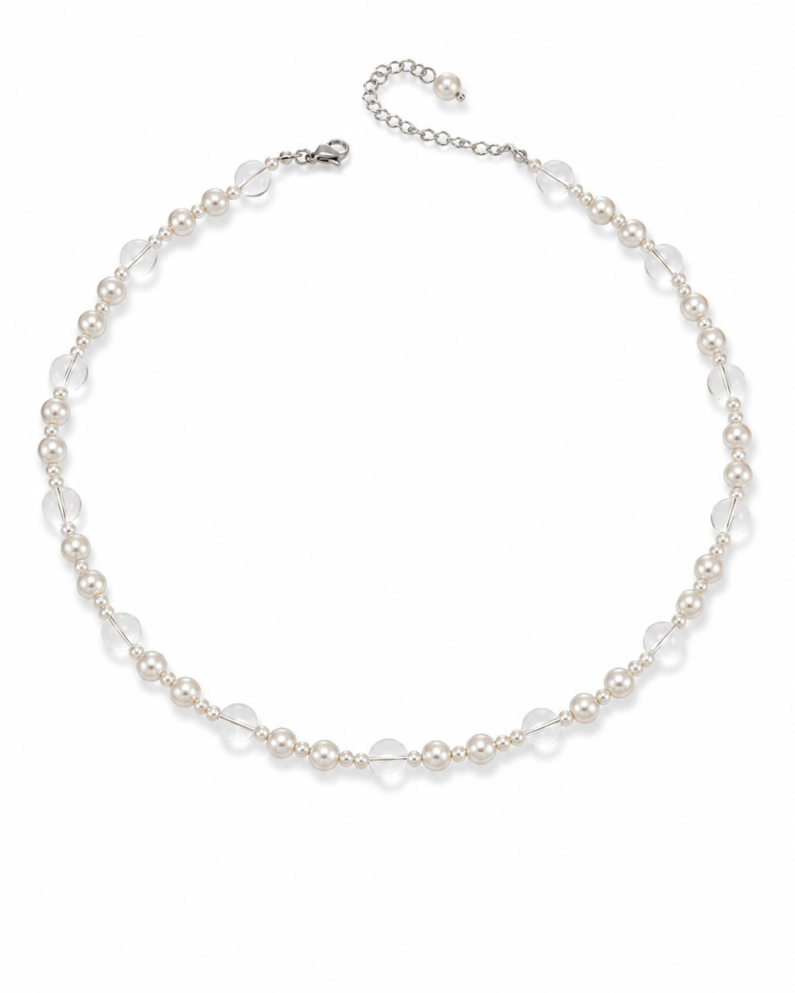 Front view of Lumière Faux Pearl & Clear Bead Necklace by Zodiglow
