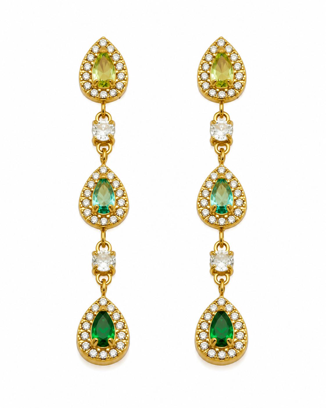 Close-up view of Elara Triple Teardrop Zircon Earrings by Zodiglow