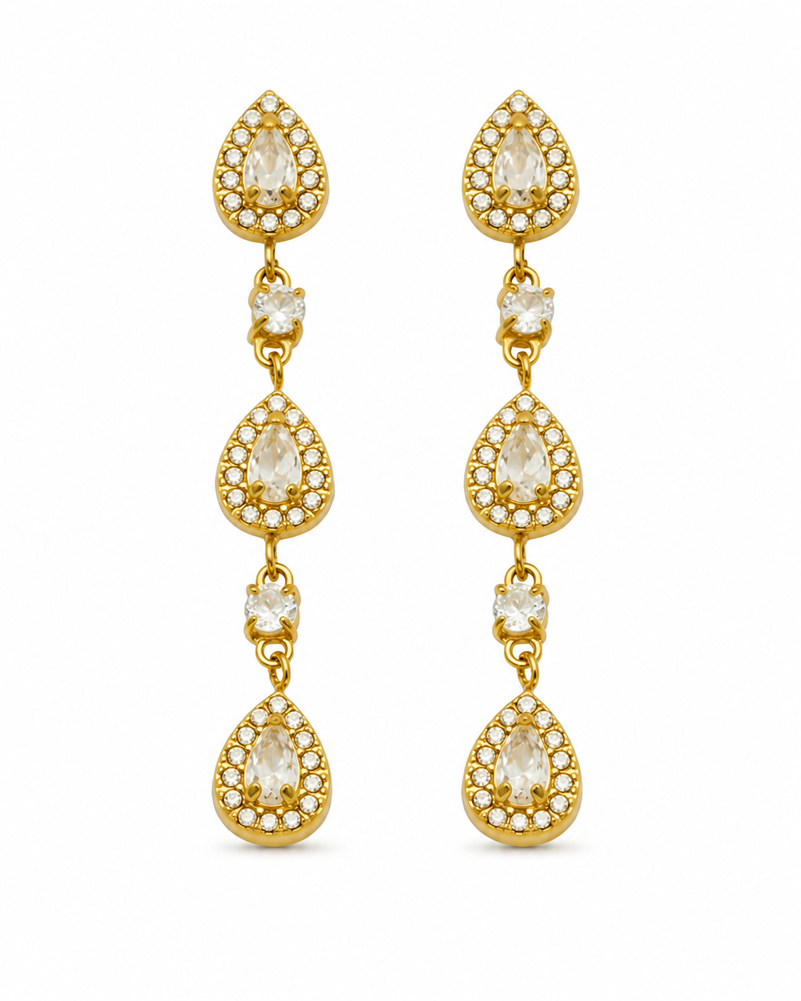 Front view of Elara Triple Teardrop Zircon Earrings by Zodiglow